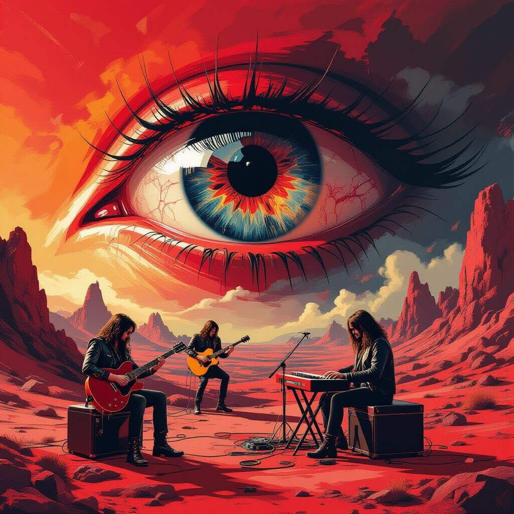Surreal Red Landscape with Giant Eye