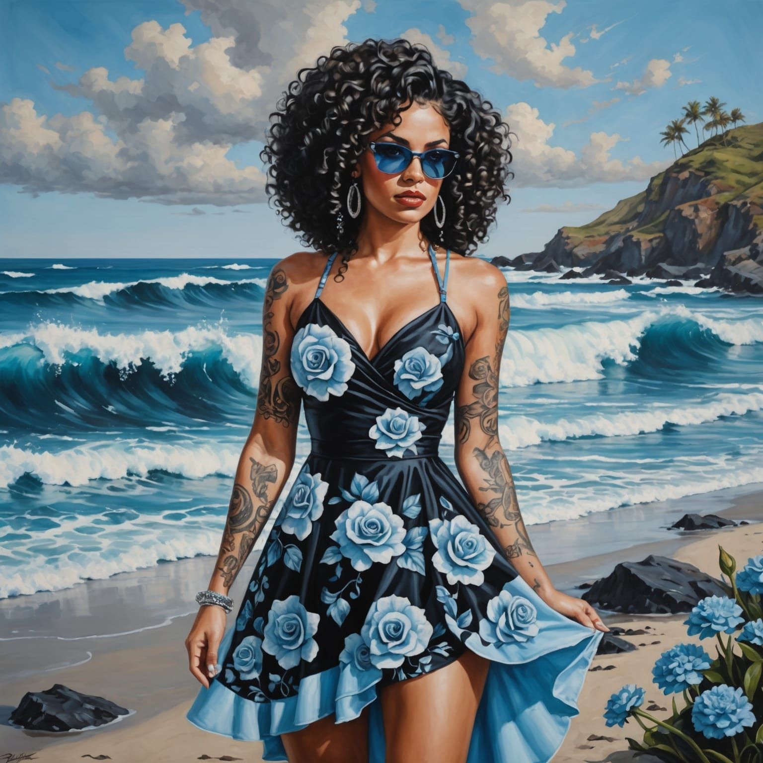 Gorgeous Woman with Blue Hair in Oil Painting