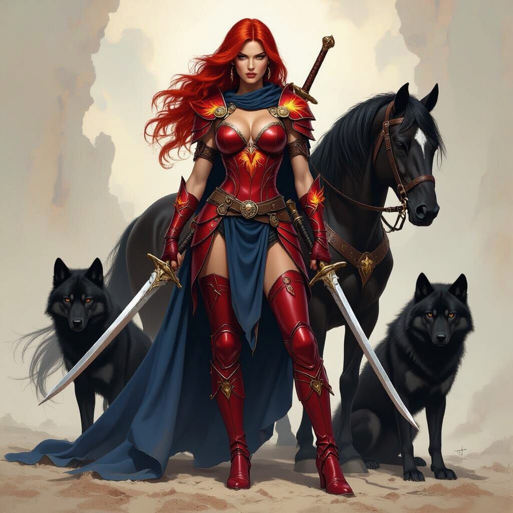 Red-Haired Warrior with Phoenix Emblem and Warhorse