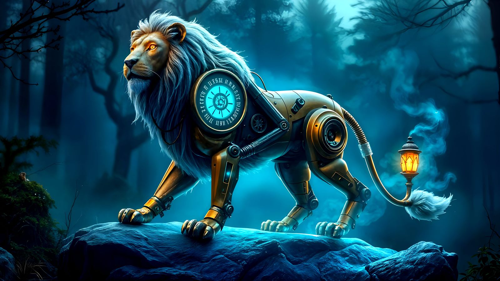 Mechanical Lion Roams Mystic Forest in Glowing Splendor