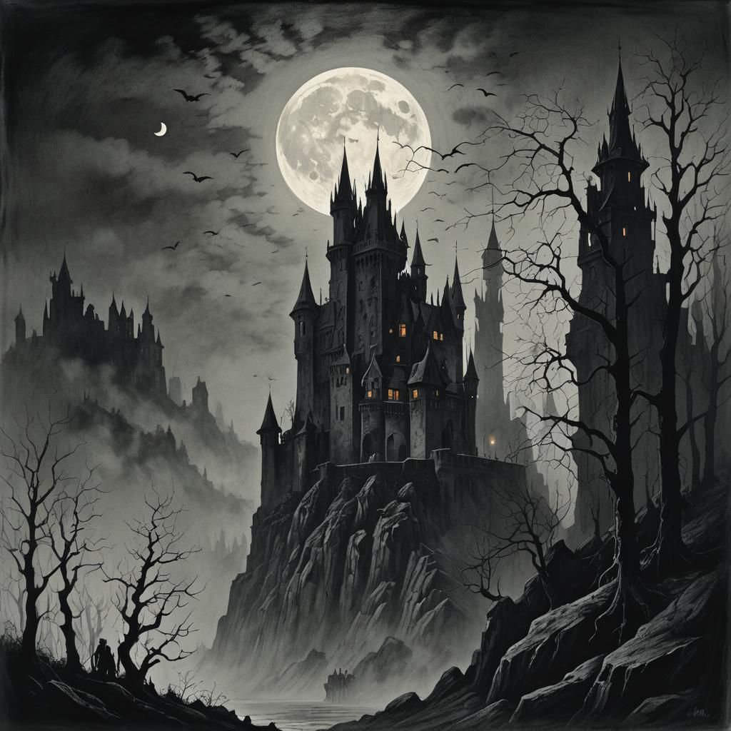 Gothic Castle on Black Rock in Moonlight