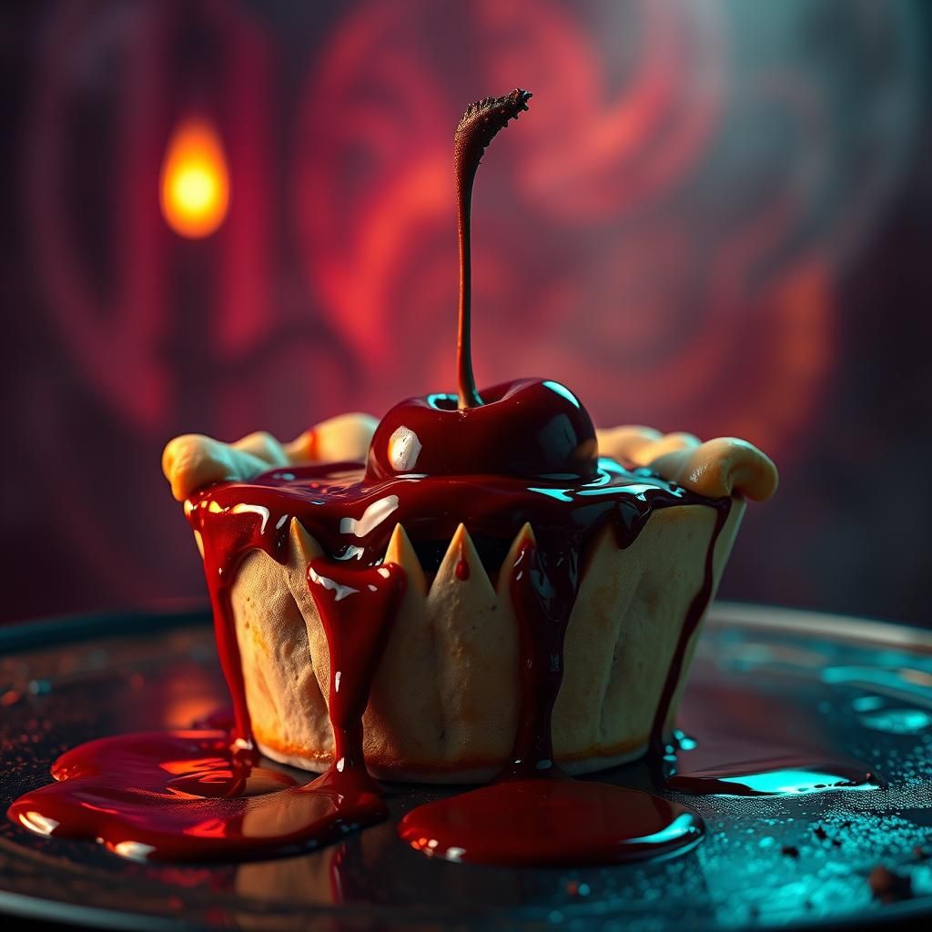 Horror Cherry Pie with Teeth in Dark Fantasy Style