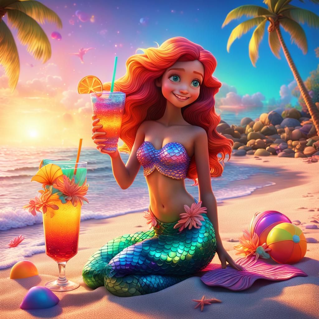 Mermaid with Cocktail: 3D Digital Art in Pixar Style