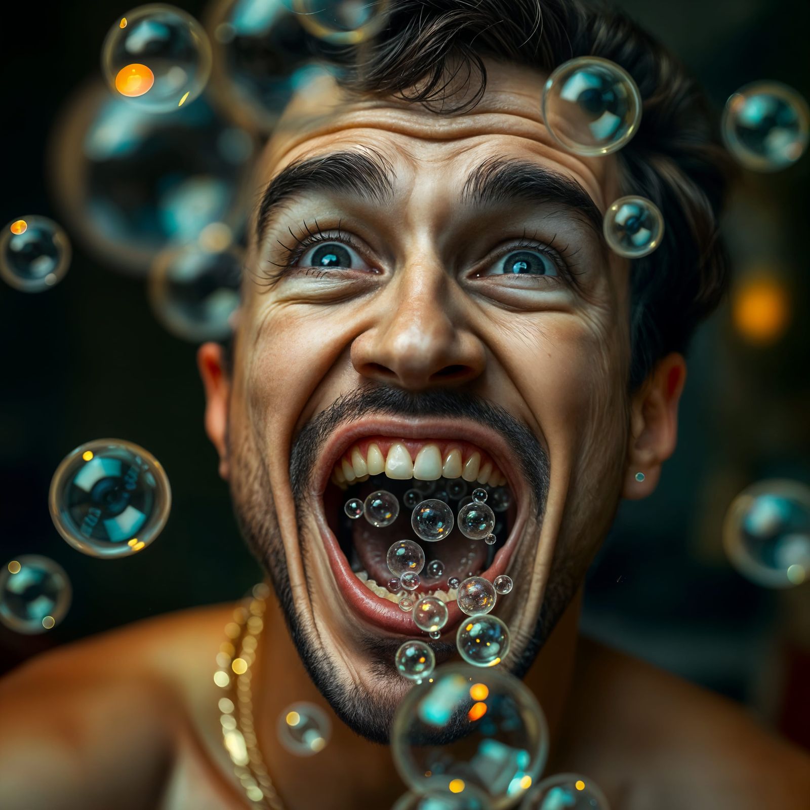 Joyful Intoxication: A Close-Up Portrait with Soap Bubbles