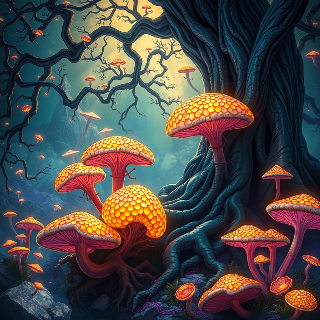 Ethereal Acrocanthops Amidst Ancient Twisted Roots and Glowi...