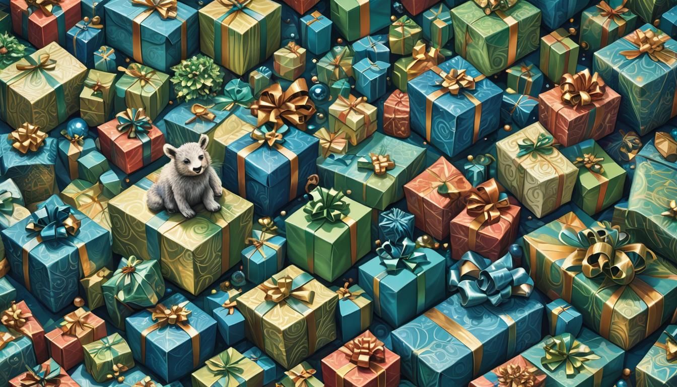 Whimsical Furry Christmas Scene in Vibrant, Electric Blue an...