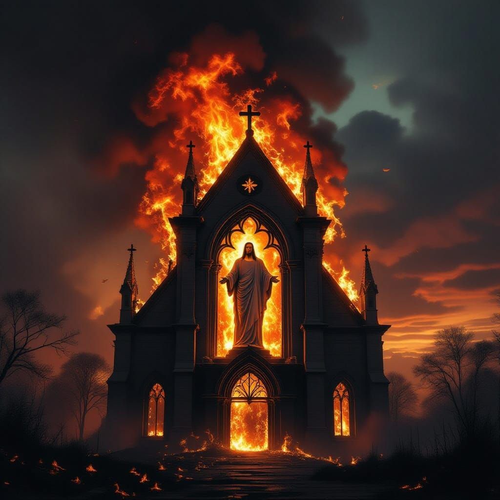Burning Church Reveals Christ Figure: Surreal Art
