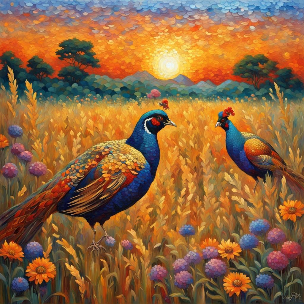 Golden Mosaic Pheasants in Wildflowers, Klimt Style