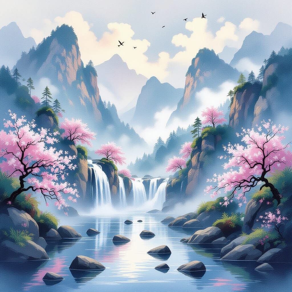 Misty Mountain Waterfalls in Ethereal Watercolor Style