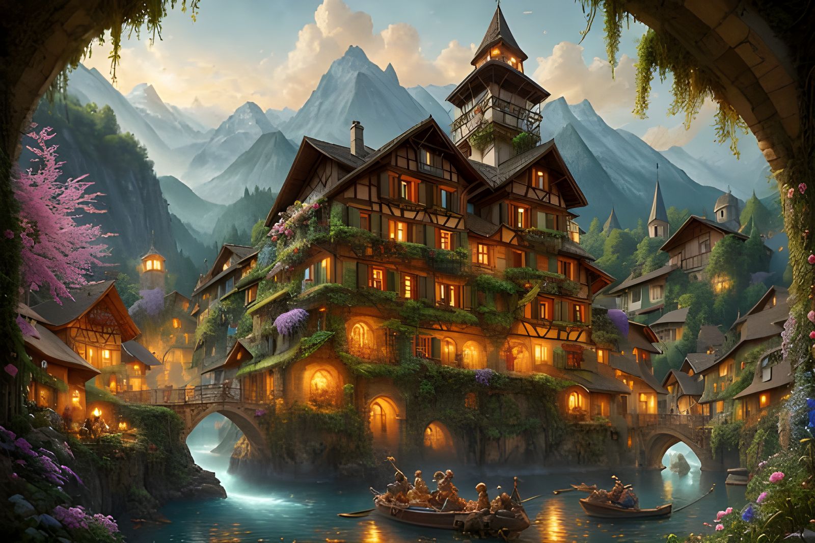 Medieval Swiss Village with Jungle, Comic Style