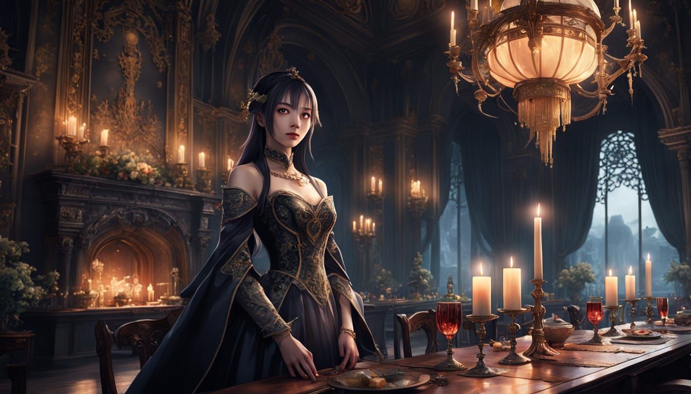 Elegant Lady Surrounded by Lavish Banquet in Dark Fantasy Ch...