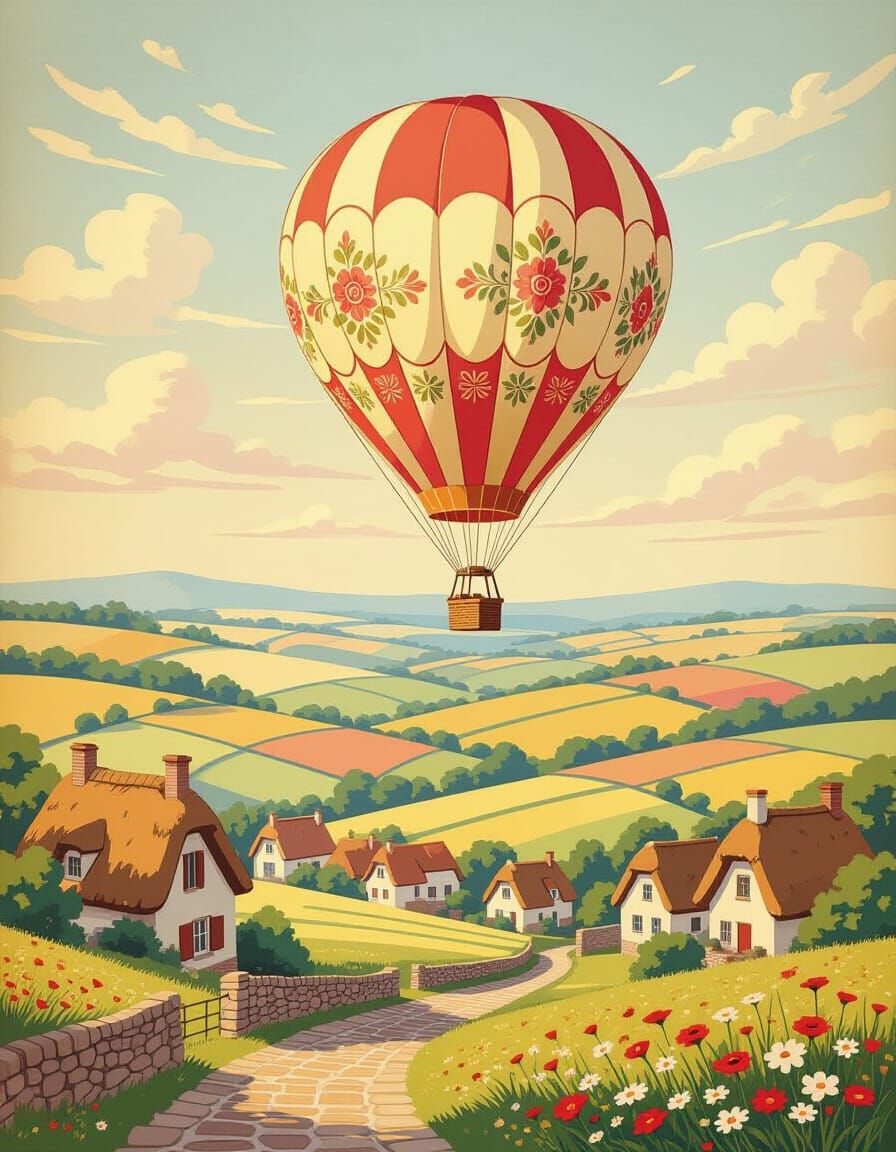 Vintage Hot Air Balloon Over Hills in Watercolor Style