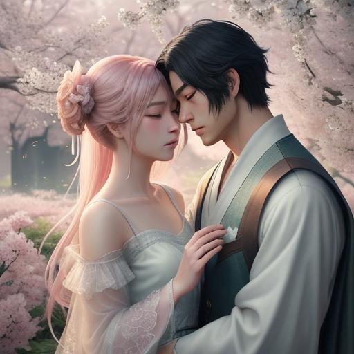 Dreamy Couple Embrace in Ethereal Anime Garden