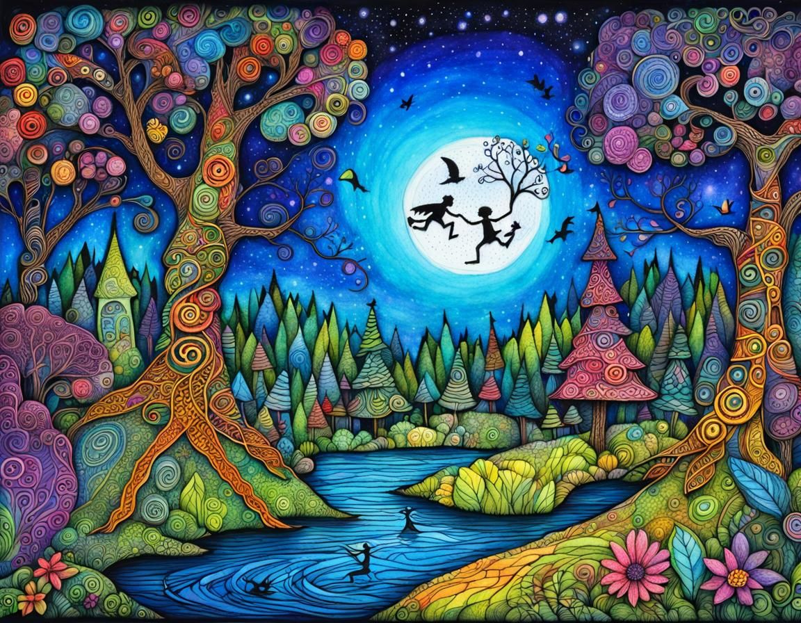 Enchanted Forest Scribble Art with Stick Figures