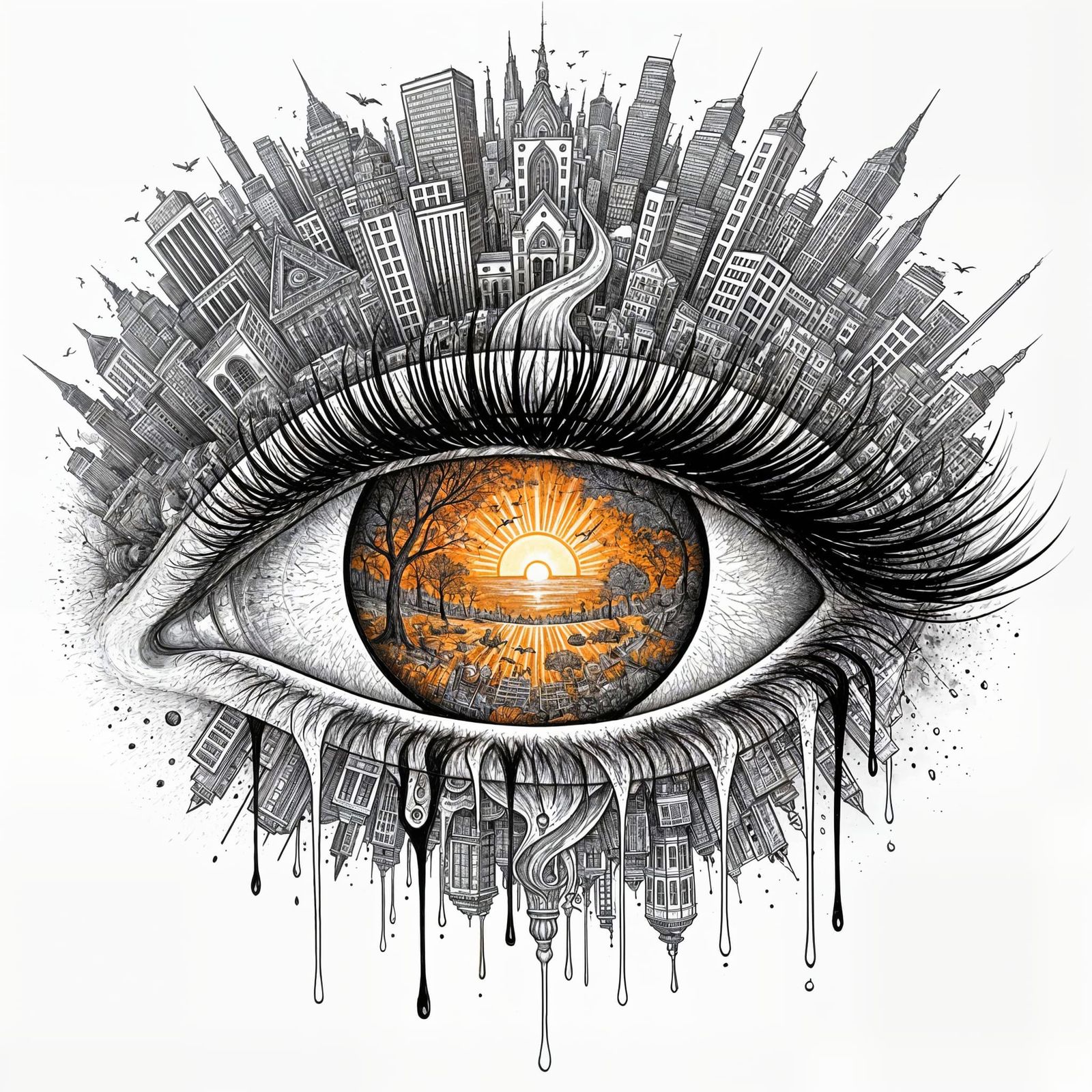 Surreal Eye Reflects Autumn Sunset: Ink Illustration