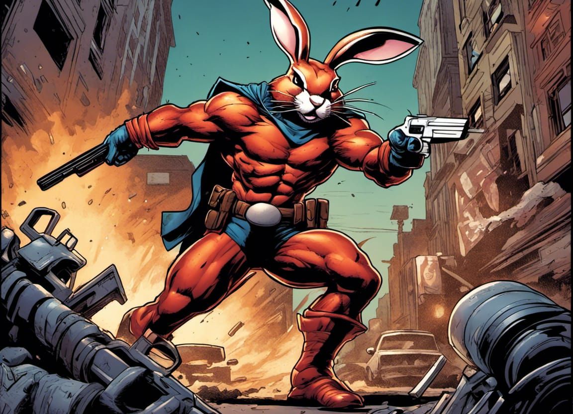Armed Rabbit Superhero in Comic Book Art Style