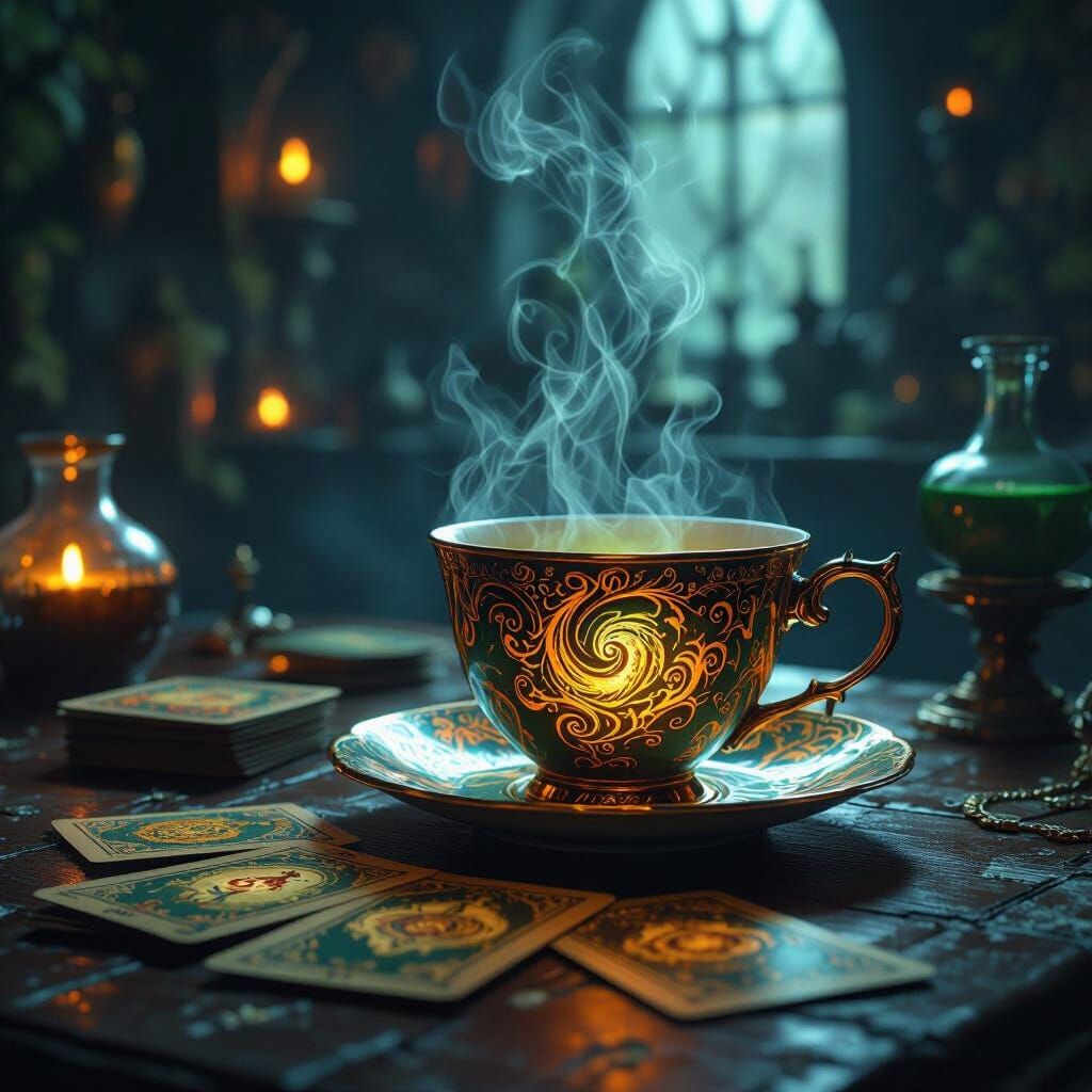 Mystical Teacup and Tarot Cards in Dark Fantasy Style