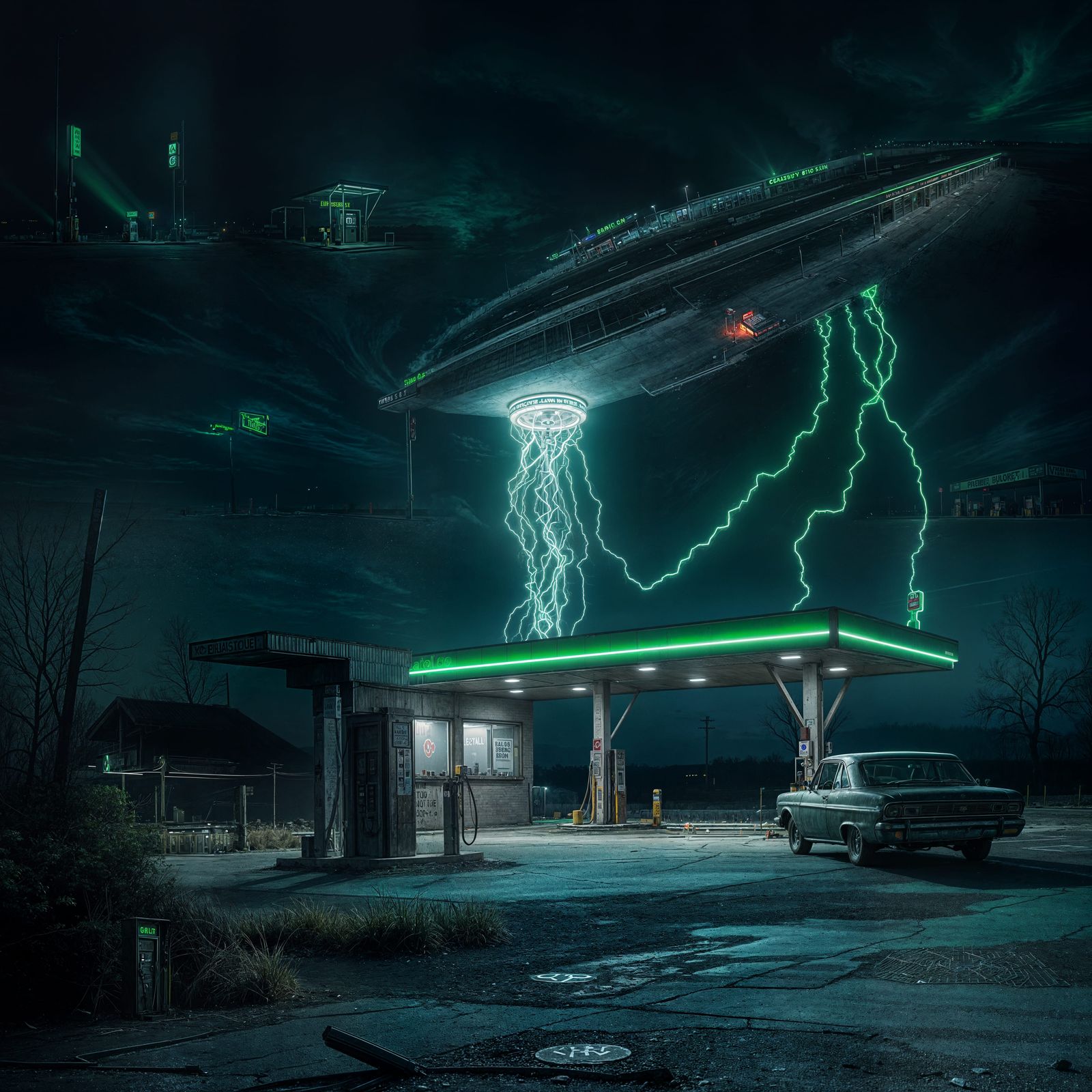 Alien Abduction at Abandoned Gas Station: Hyper-Realistic