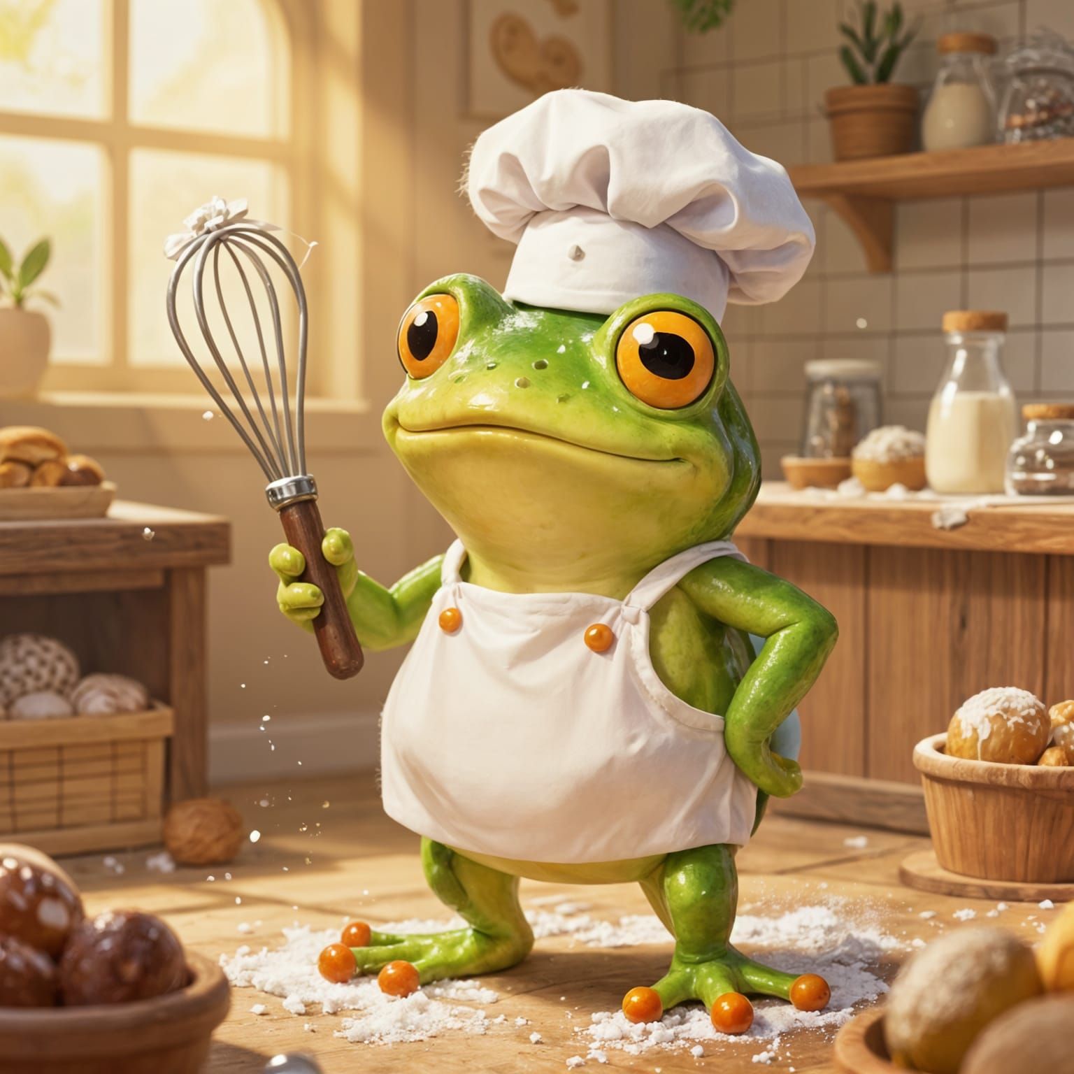 Smiling Baker Frog in Cozy Bakery