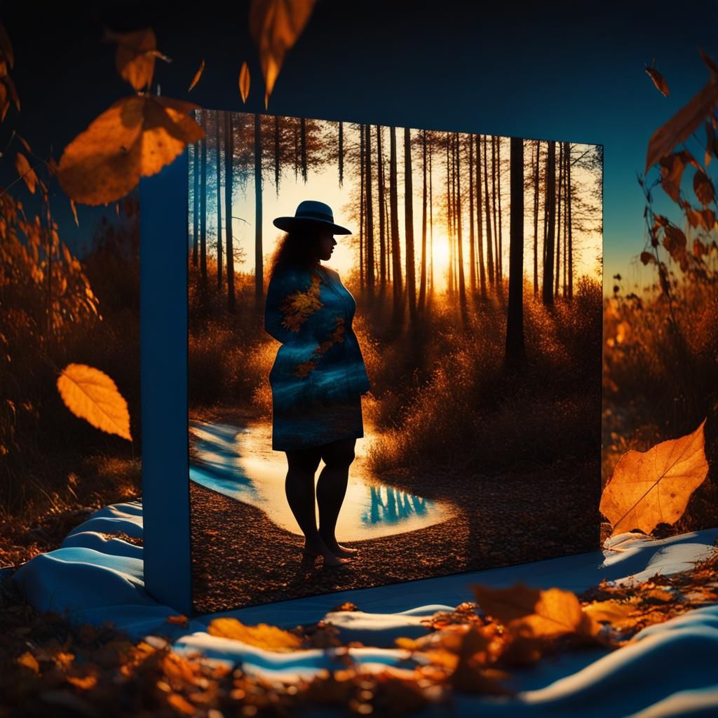 Double Exposure Autumn Angel and Woman Silhouette
