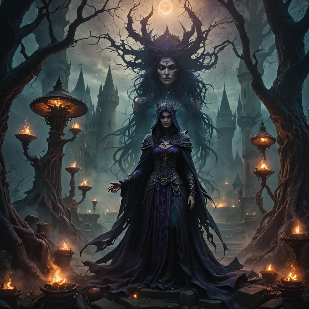 Sorceress Unleashing Dark Magic in Gothic Castle