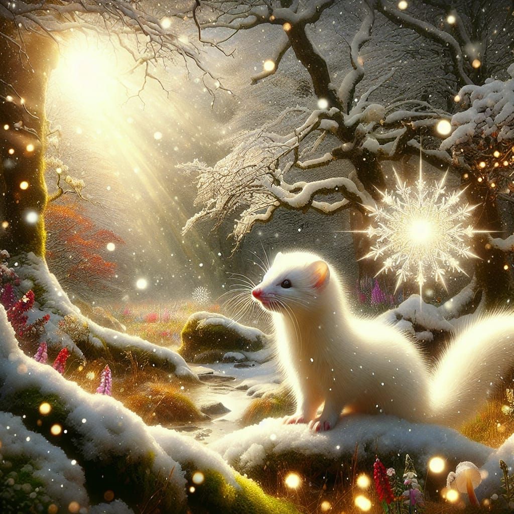 Ermine and Magical Snowflake in Woodland Scene