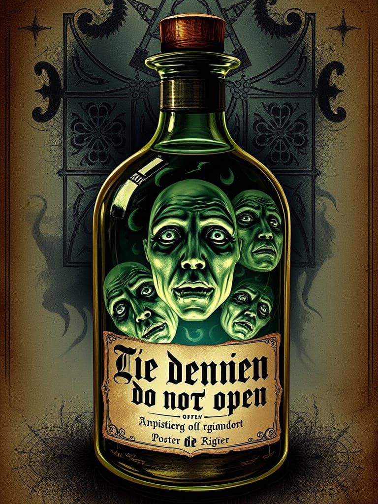 A potion bottle with faces swirling inside - label 'Do not o...