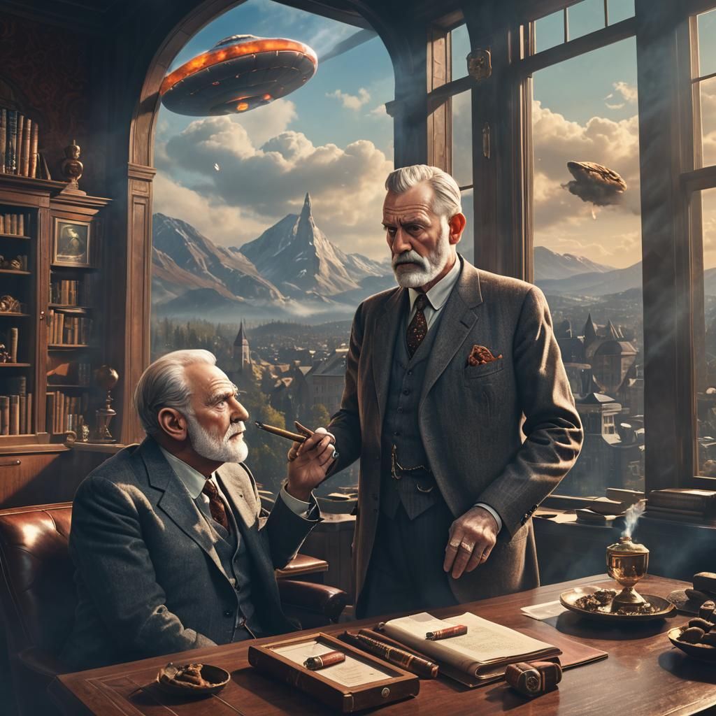 Freud's Encounter: Cigar, Client, and Hovering UFO