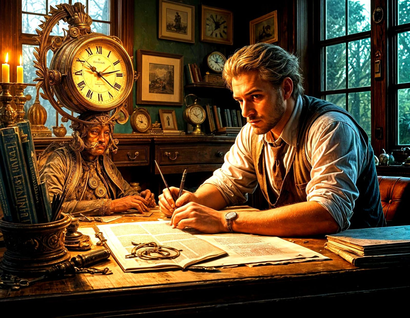 Man with Clock Face Writes of Time and Memory