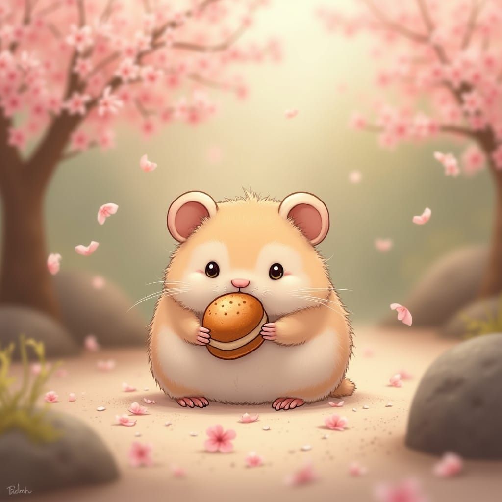 Hamster-Capybara Hybrid in Zen Garden, Kawaii Style