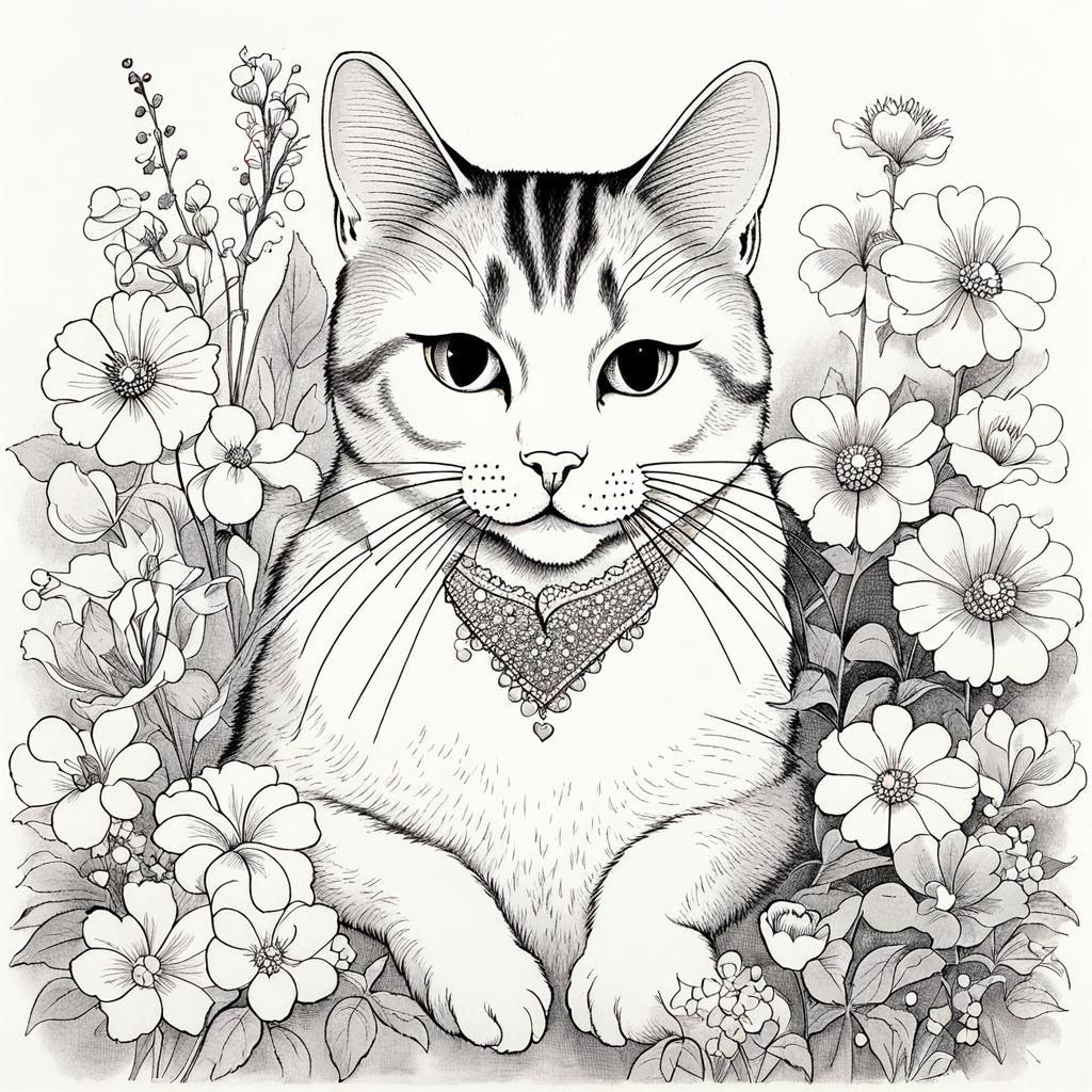Cat on Pillow in Hirschfeld Style Caricature