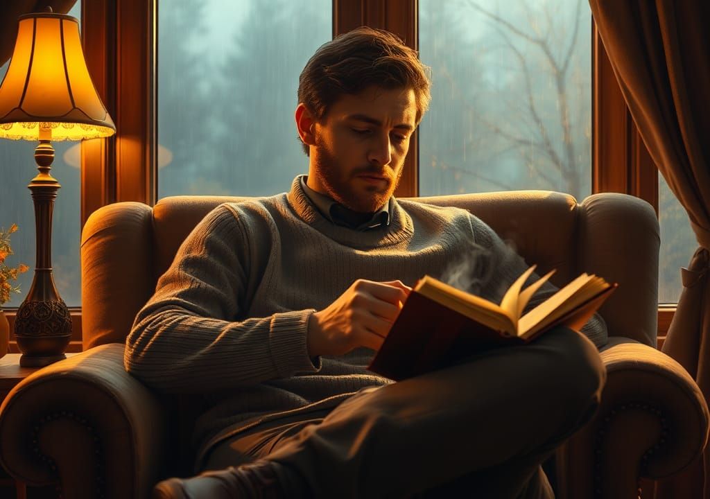 Cozy Evening Reading: Impasto Painting of Tranquility