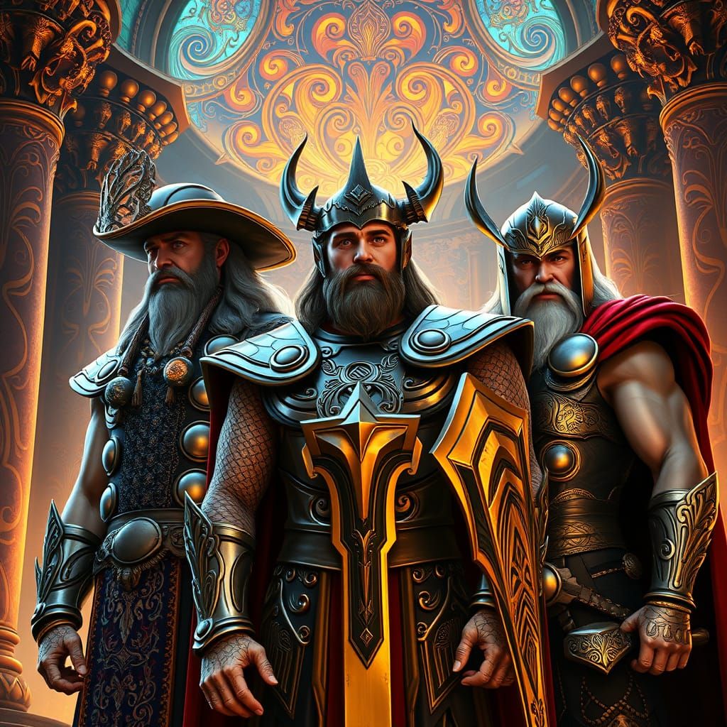 Odin, Thor, and Baldr in Regal Norse Portrait