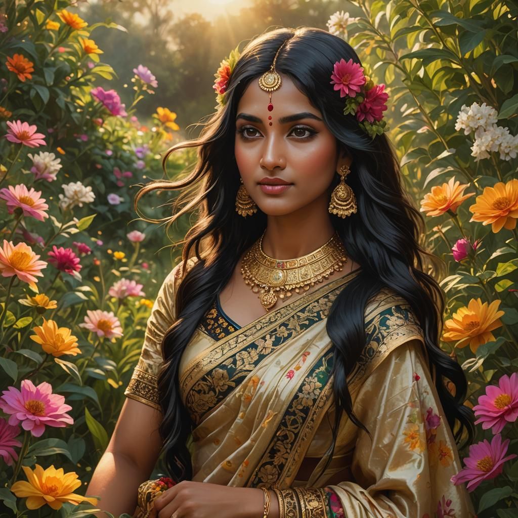 Indian Goddess in Flower Field, Fauvist Style