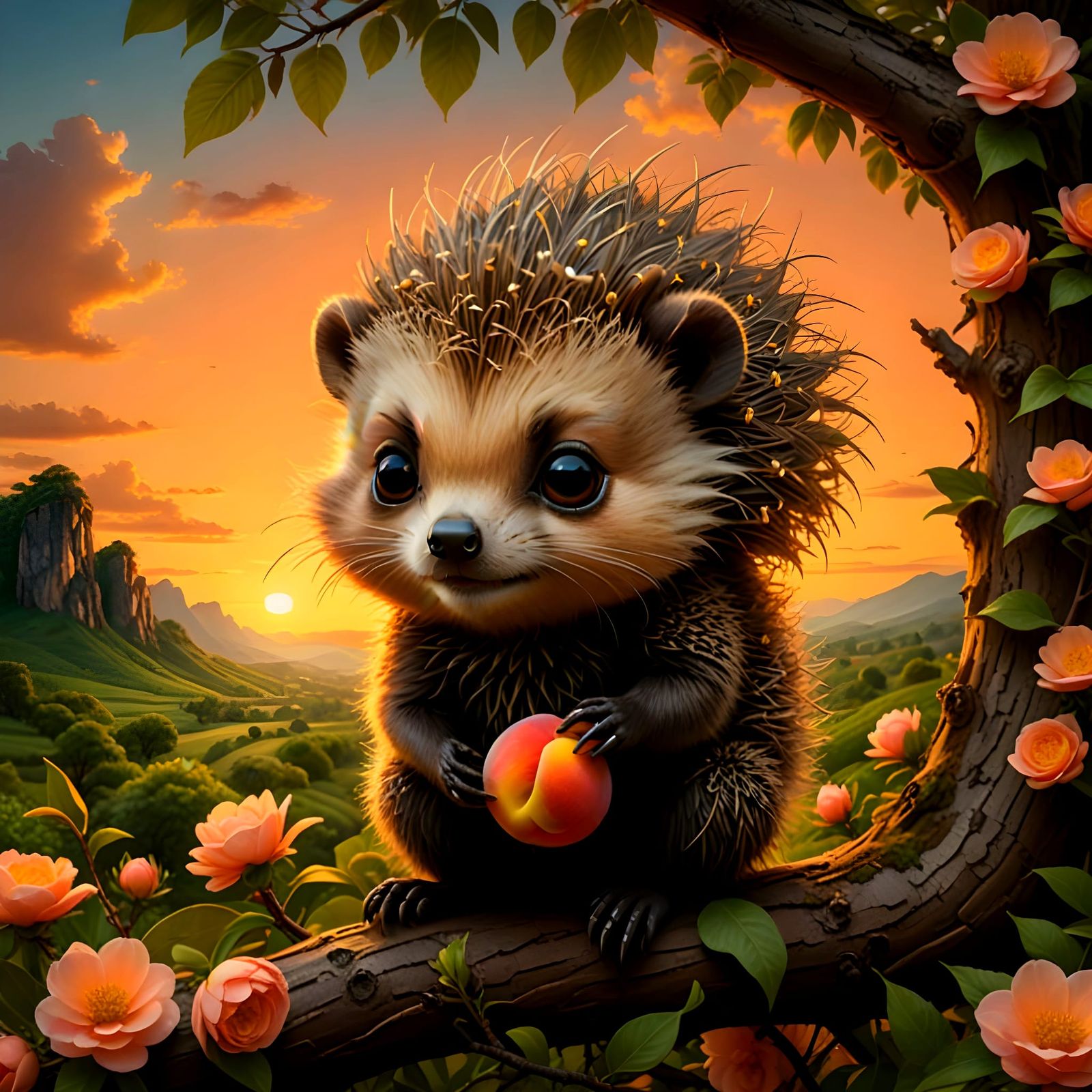 Surreal Peach Tree Scene with Porcupine Face