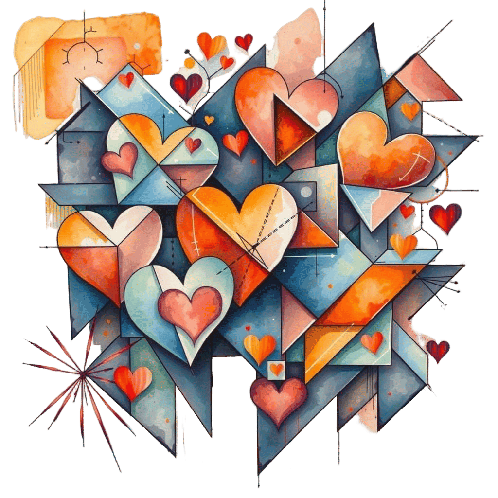 Abstract Cubist Hearts in Pastel Watercolors