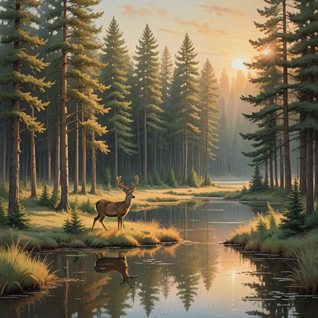 A serene forest clearing at sunrise, golden mist rolling through tall pine trees, a small deer drinks from a pond, soft ...