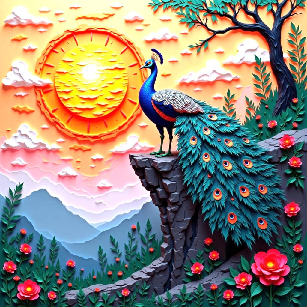 Peacock on Cliff Under Big Sun, Papercut Style