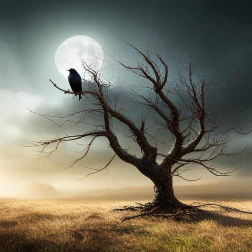 Crow in Birch Tree: Detailed Matte Painting