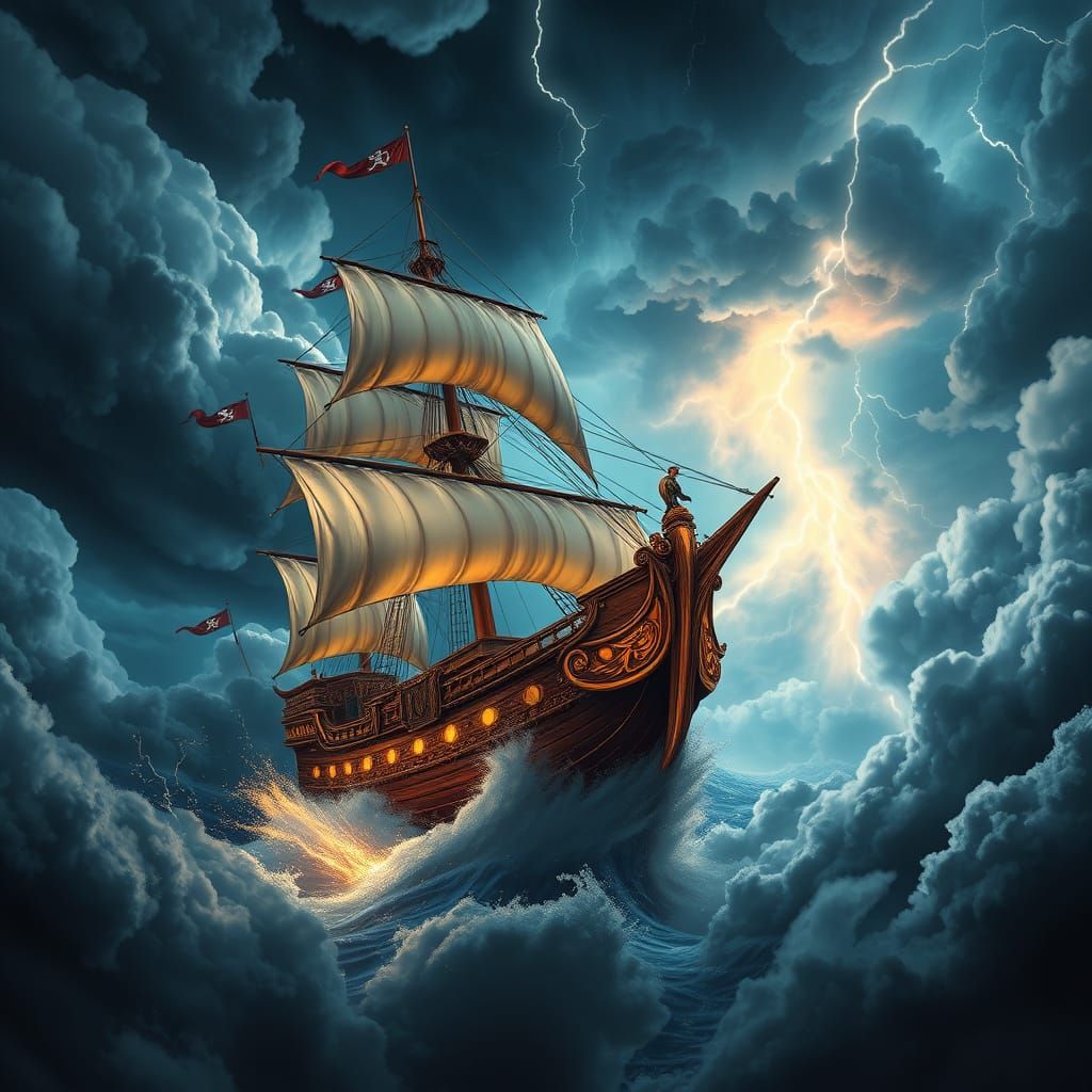 Pirate Ship Soars Through Turbulent Skies in Anime Style