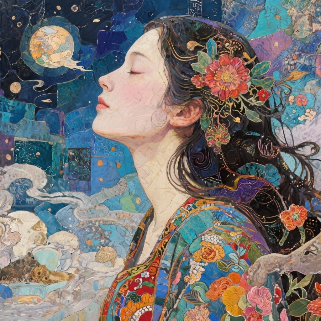 Mixed Media Artwork of a Dreaming Woman