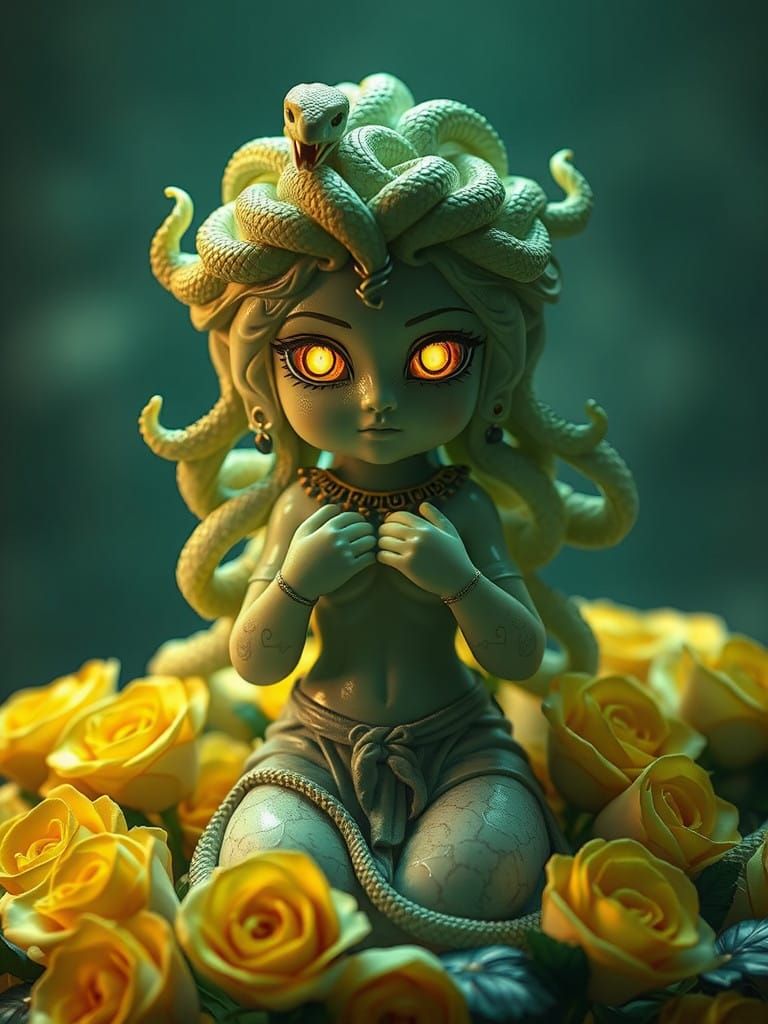 Cyberpunk Jade Medusa Statue in Golden Roses