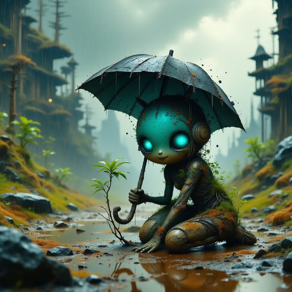 Cute Robot Protects Plant in Post-Apocalyptic Rain