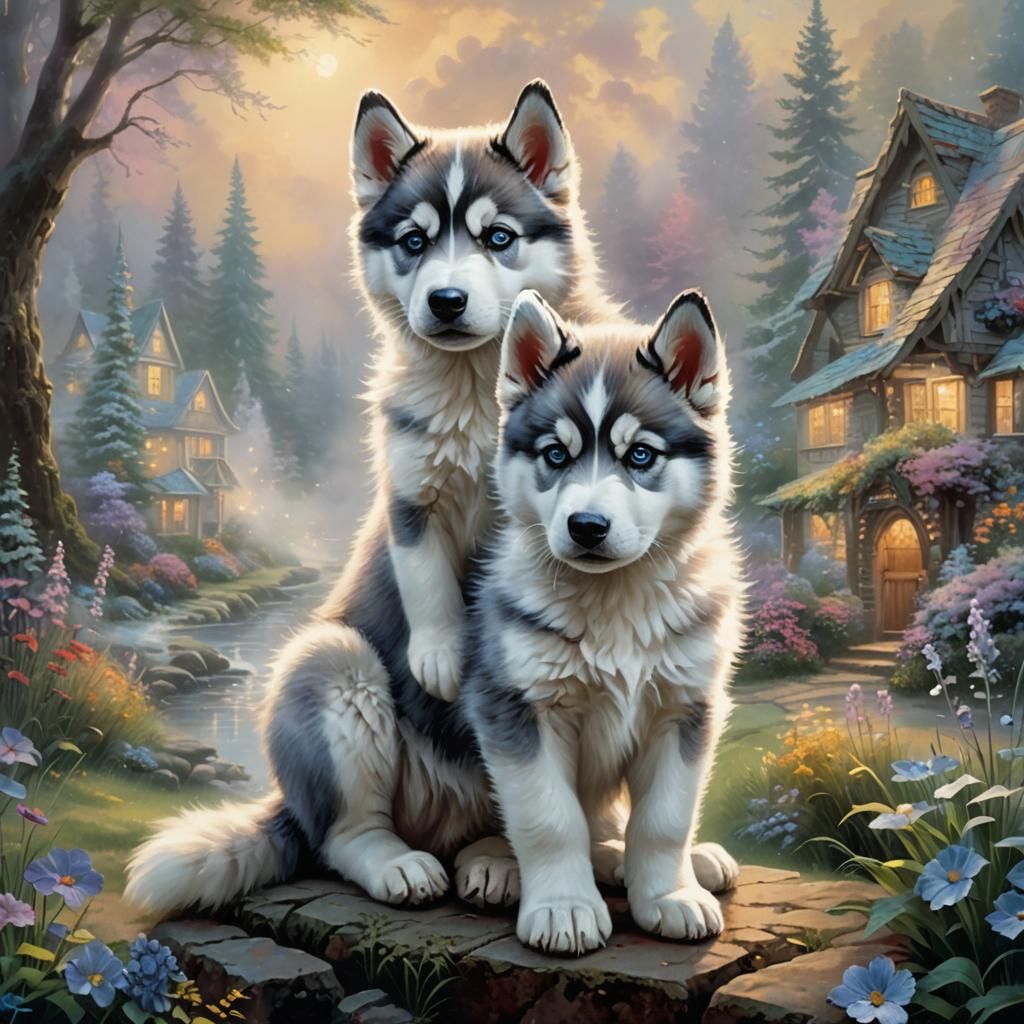 Ethereal Husky Puppy in a Thomas Kinkade Fantasy
