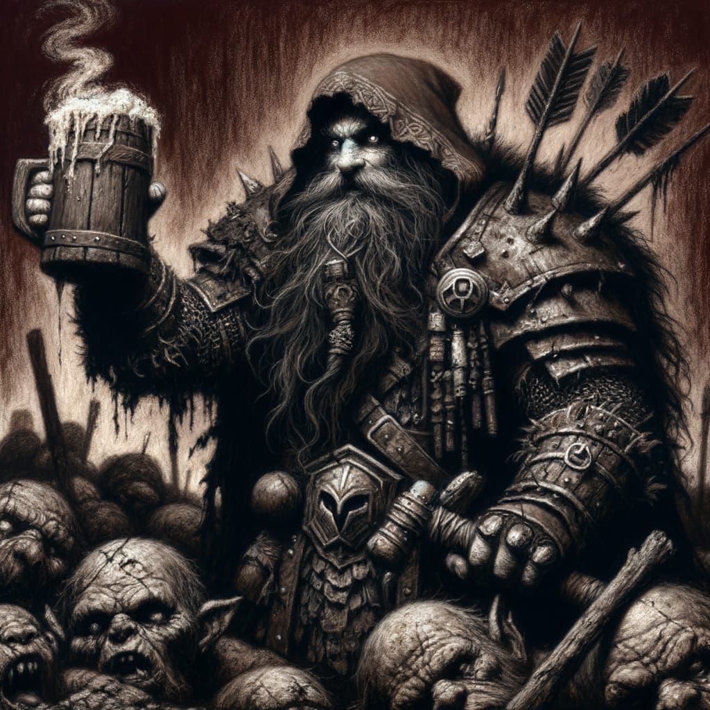 Victorious Dwarven Slayer Toasts Conquest in Charcoal Drawin...