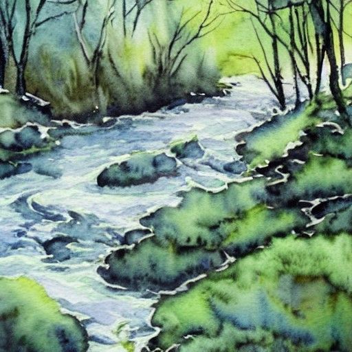 Forest Stream Watercolor in Comic Art Style