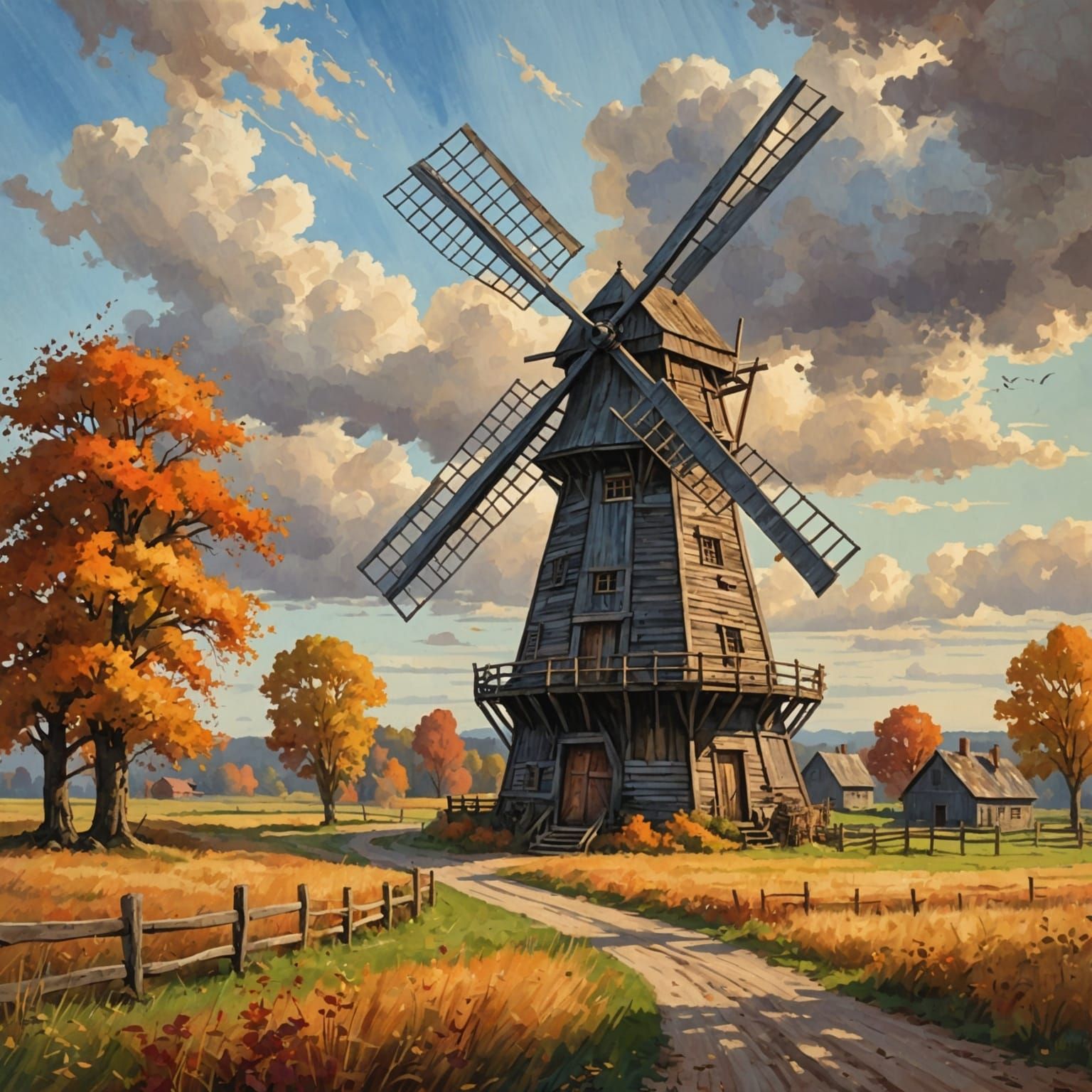 Autumn Windmill: Epic Impressionist Gouache Painting