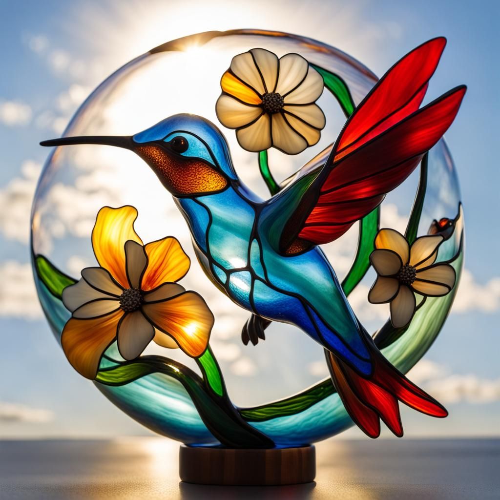 Blown Glass Hummingbird Sculpture in Sunlight