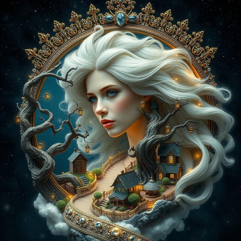 Dreamy Surreal Portrait with Bonsai Villages in Hair