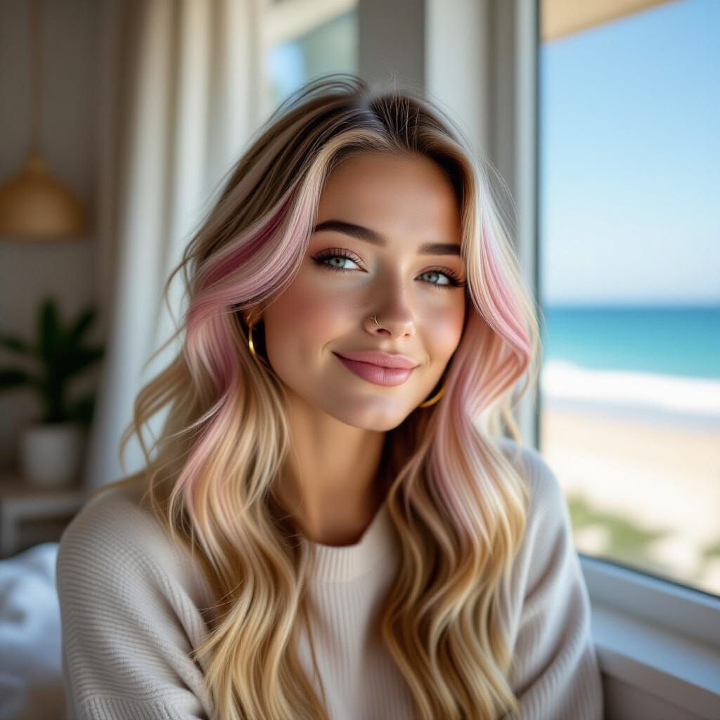 Young Woman with Pink Highlights Gazing at Beach